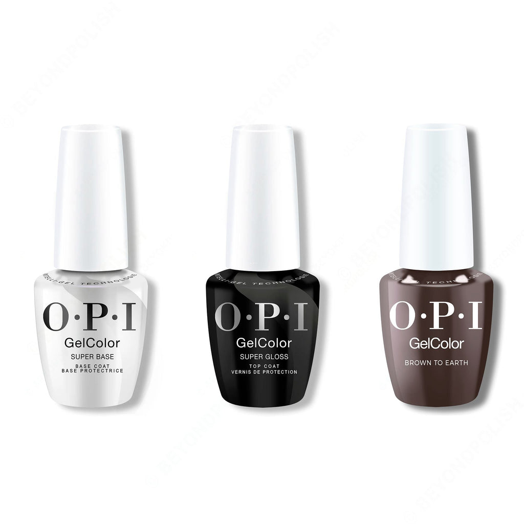 OPI GelColor Intelli-Gel Combo - Super Base Coat, Super Gloss Top Coat & Brown To Earth - Professional Care