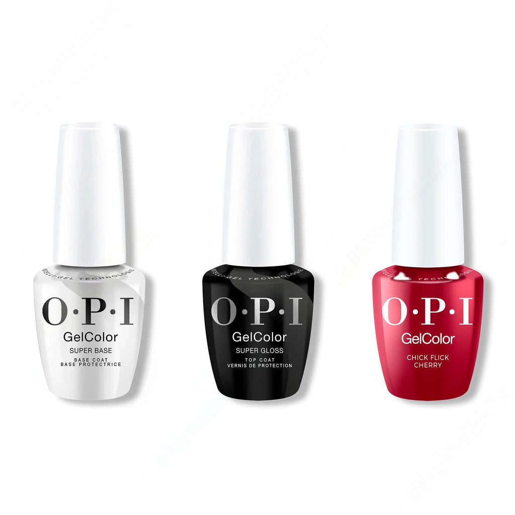 OPI GelColor Intelli-Gel Combo - Super Base Coat, Super Gloss Top Coat & Chick Flick Cherry 0.5 Oz - Professional Care