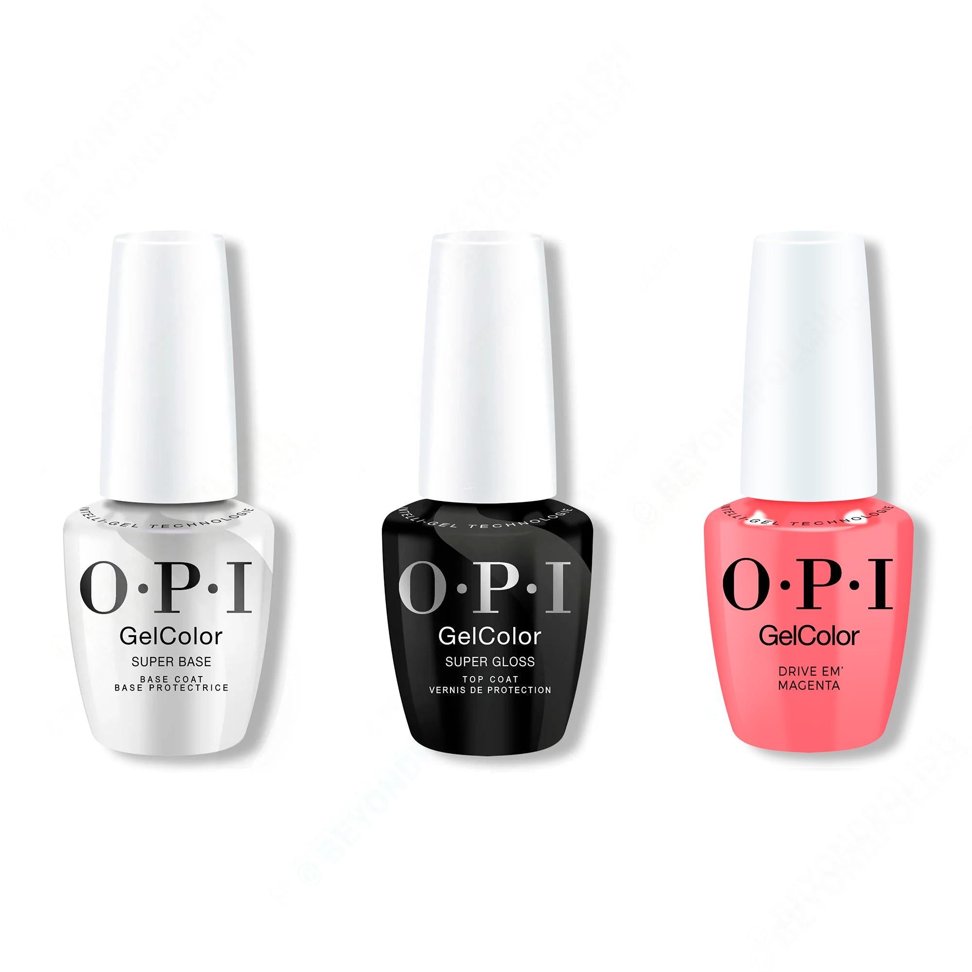 OPI GelColor Intelli-Gel Combo - Super Base Coat, Super Gloss Top Coat & Drive 'Em Magenta - Professional Care