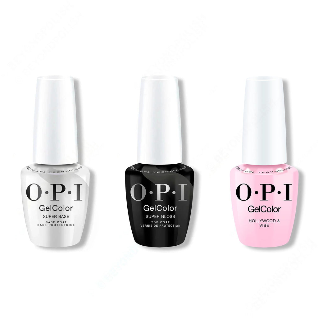 OPI GelColor Intelli-Gel Combo - Super Base Coat, Super Gloss Top Coat & Hollywood & Vibe 0.5 Oz - Professional Care