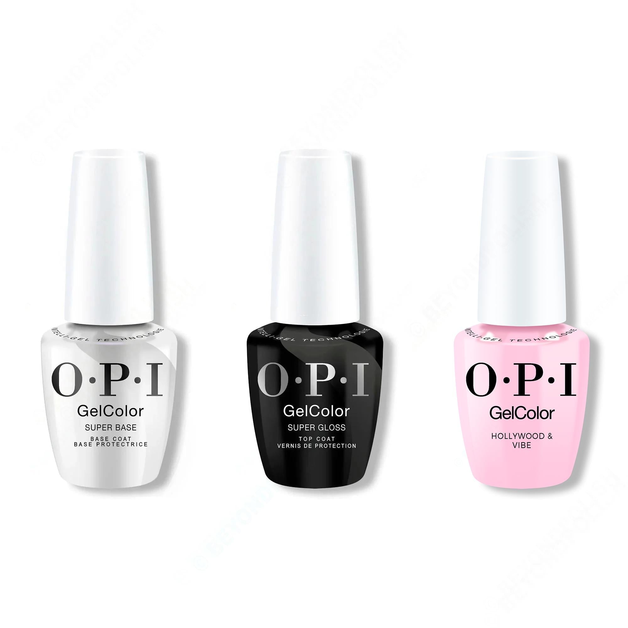 OPI GelColor Intelli-Gel Combo - Super Base Coat, Super Gloss Top Coat & Hollywood & Vibe 0.5 Oz - Professional Care