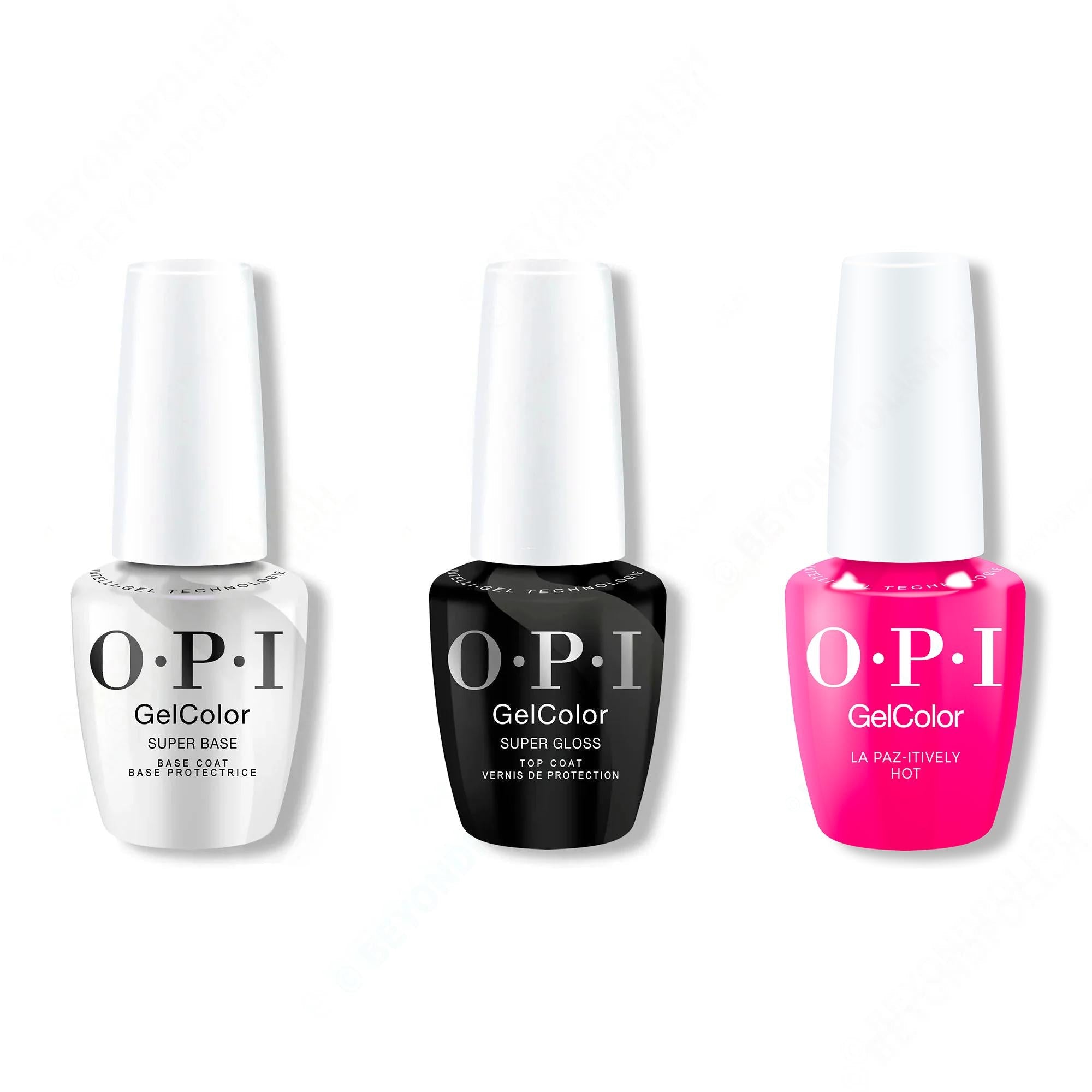 OPI GelColor Intelli-Gel Combo - Super Base Coat, Super Gloss Top Coat & La Paz-itively Hot 0.5 Oz