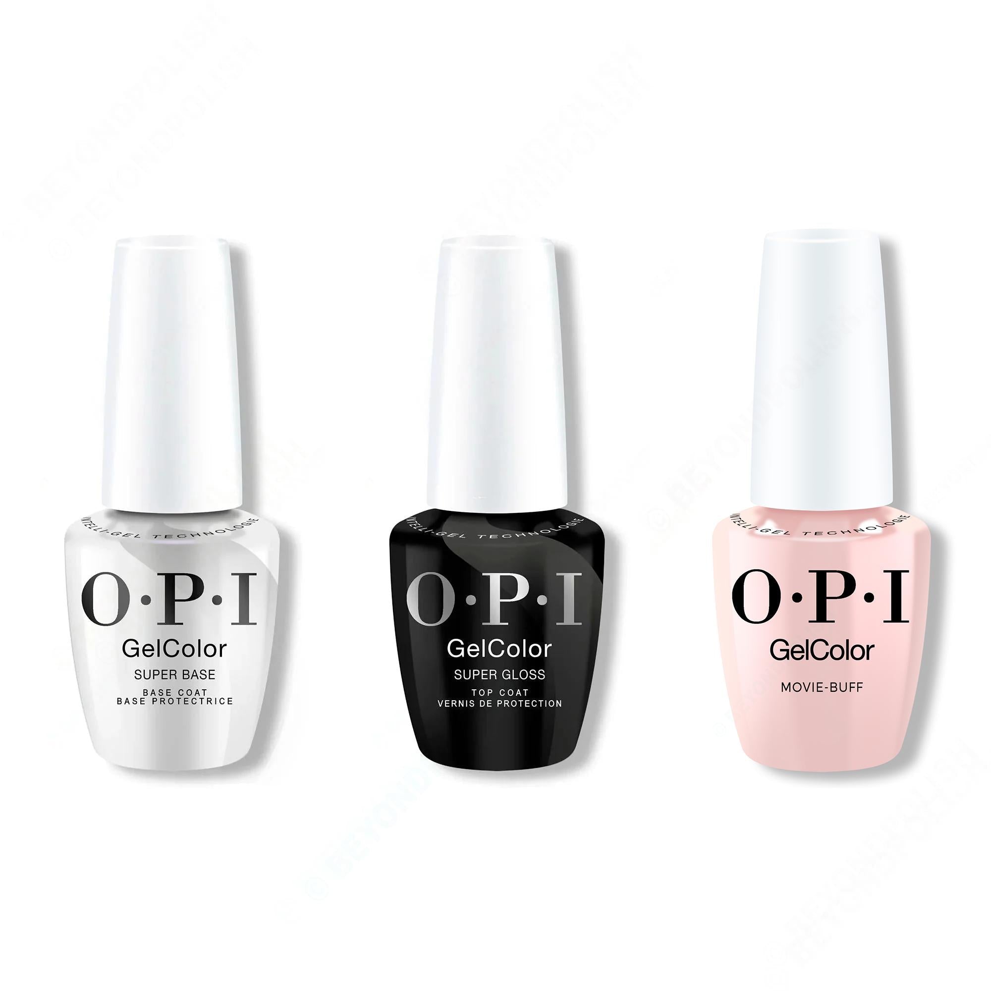 OPI GelColor Intelli-Gel Combo - Super Base Coat, Super Gloss Top Coat & Movie Buff 0.5 Oz
