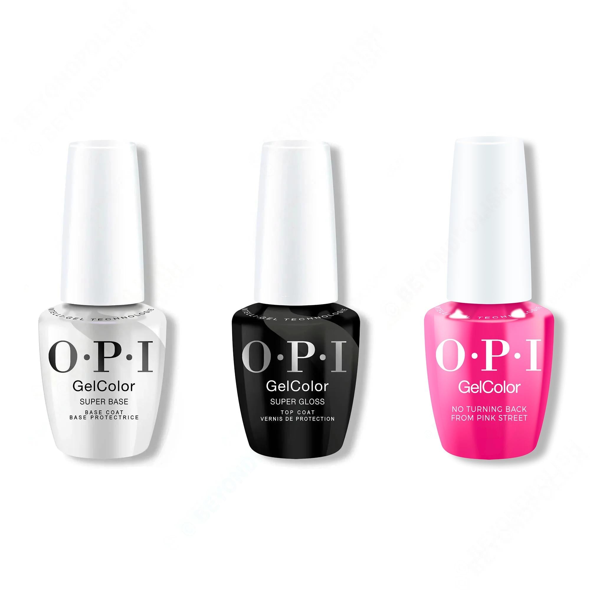 OPI GelColor Intelli-Gel Combo - Super Base Coat, Super Gloss Top Coat & No Turning Back From Pink Street 0.5 Oz