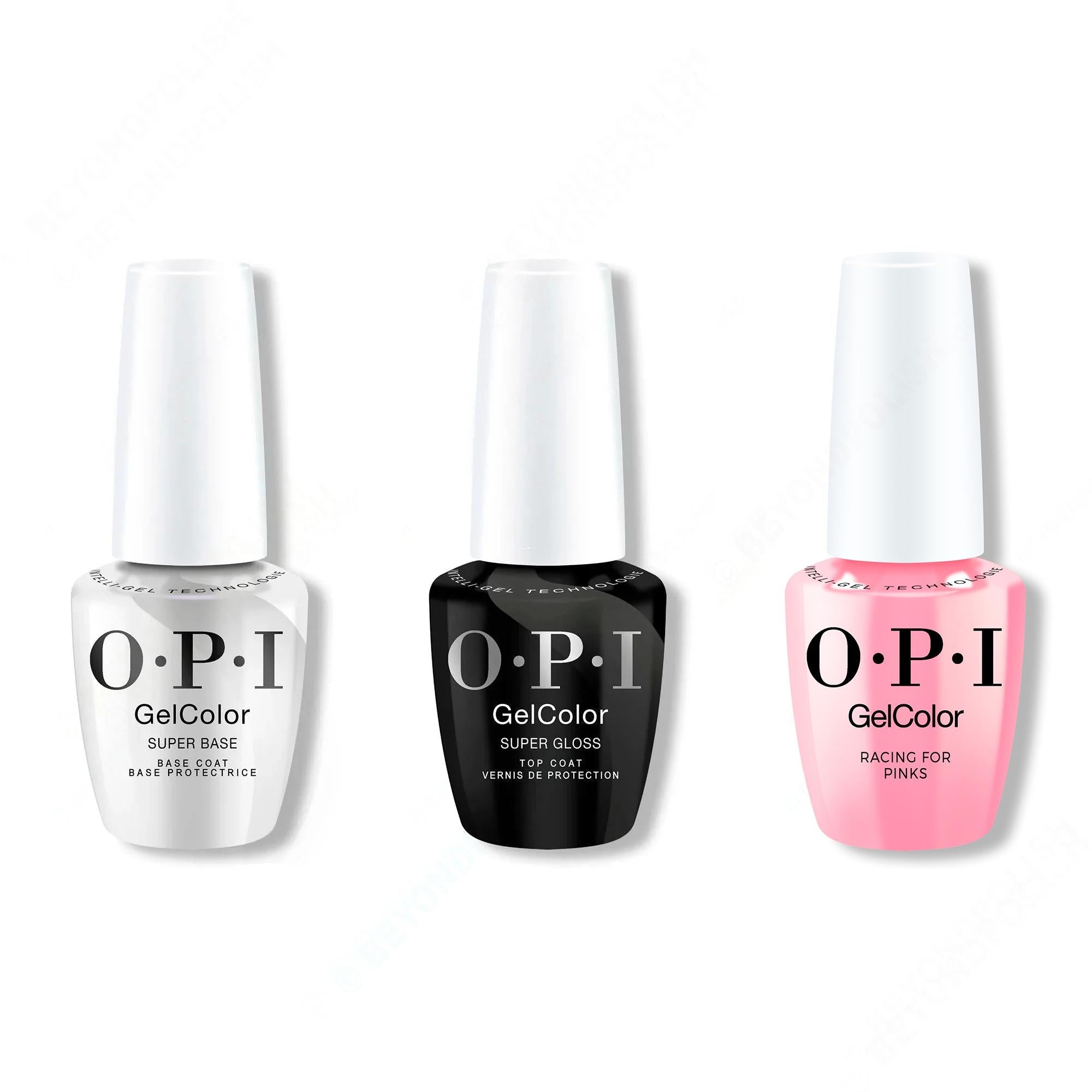OPI GelColor Intelli-Gel Combo - Super Base Coat, Super Gloss Top Coat & Racing For Pinks 0.5 Oz