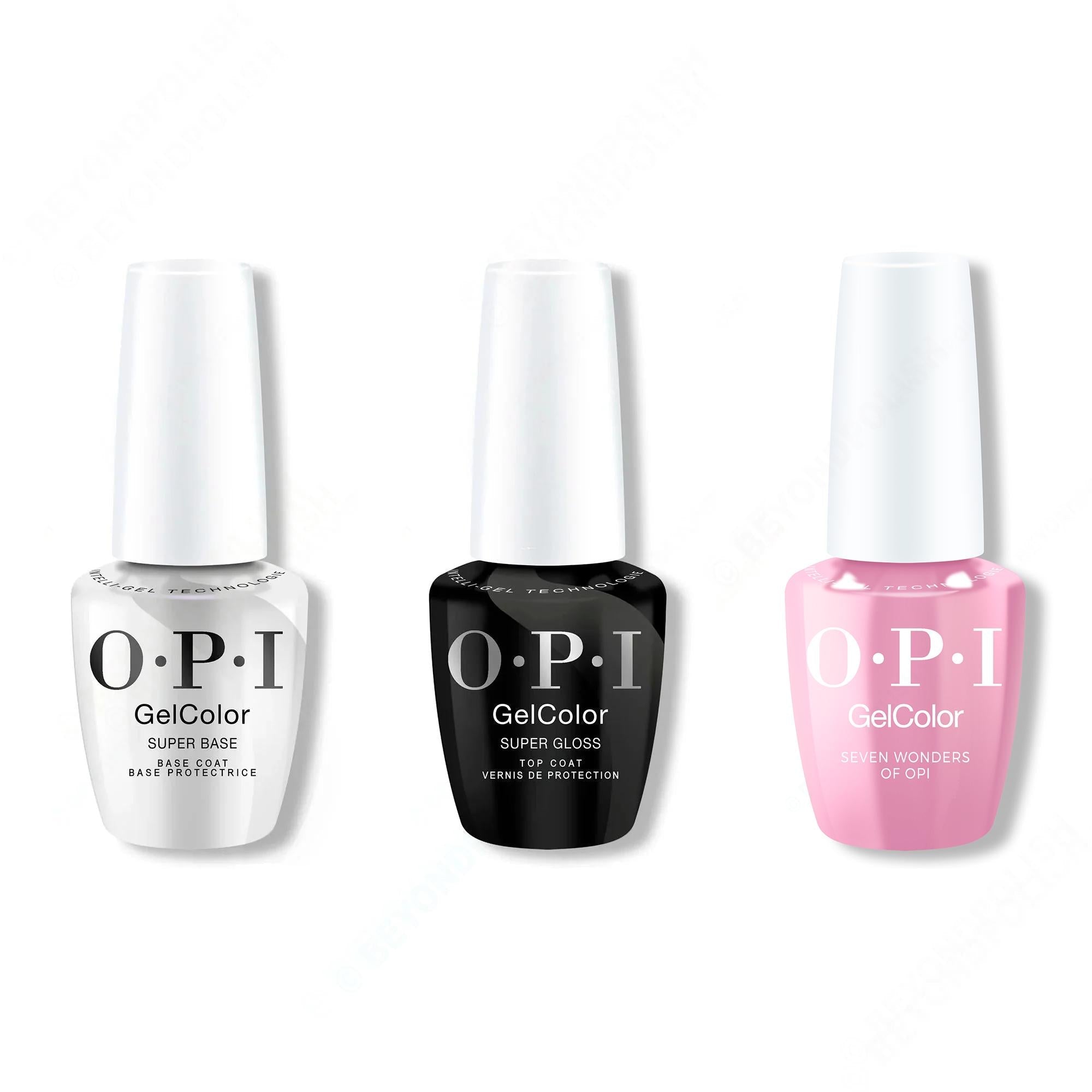 OPI GelColor Intelli-Gel Combo - Super Base Coat, Super Gloss Top Coat & Seven Wonders Of Opi 0.5 Oz - Professional Care
