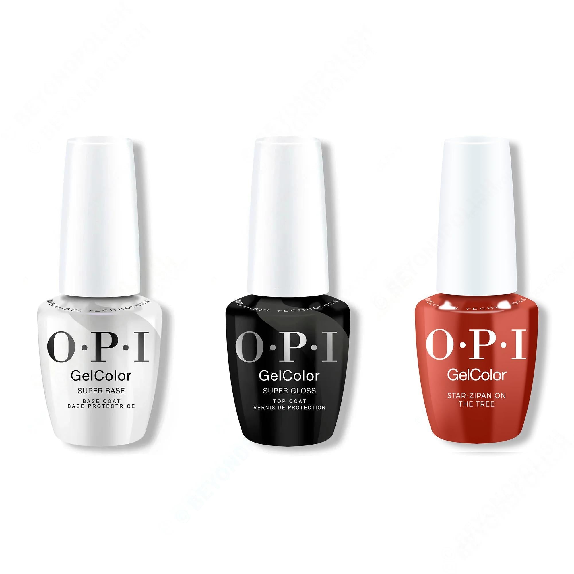 OPI GelColor Intelli-Gel Combo - Super Base Coat, Super Gloss Top Coat & Star-zipan on the Tree