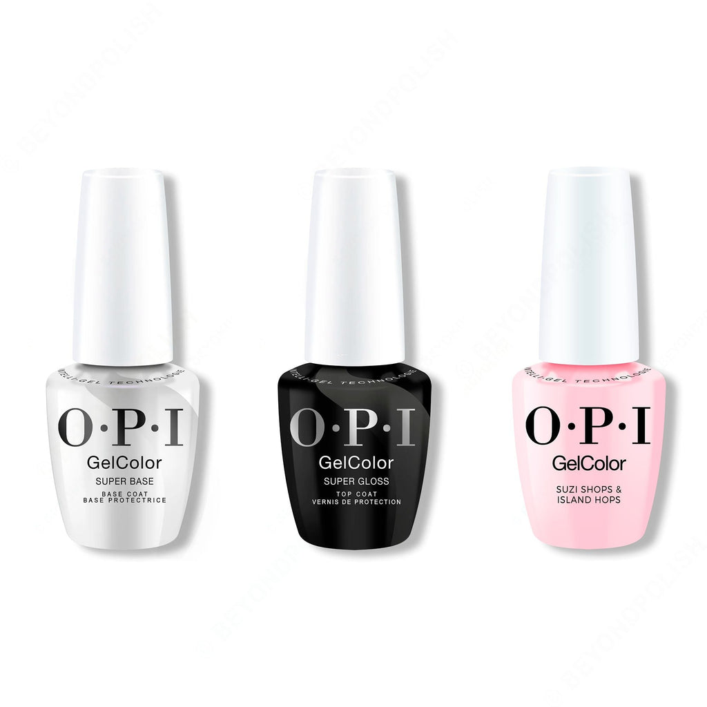 OPI GelColor Intelli-Gel Combo - Super Base Coat, Super Gloss Top Coat & Suzi Shops & Island Hops - Professional Care
